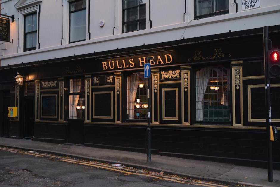 Exterior of the Bulls Head pub on Granby Row, showcasing classic architecture and evening lights.