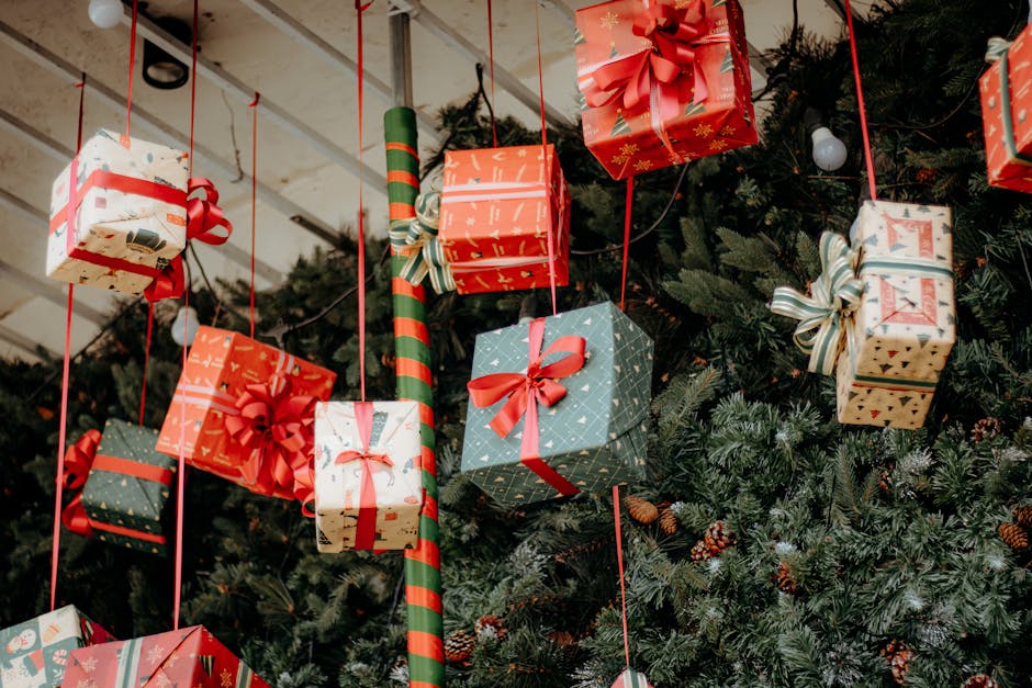 Hanging Christmas gifts with festive decorations and greenery, creating a joyful holiday atmosphere.