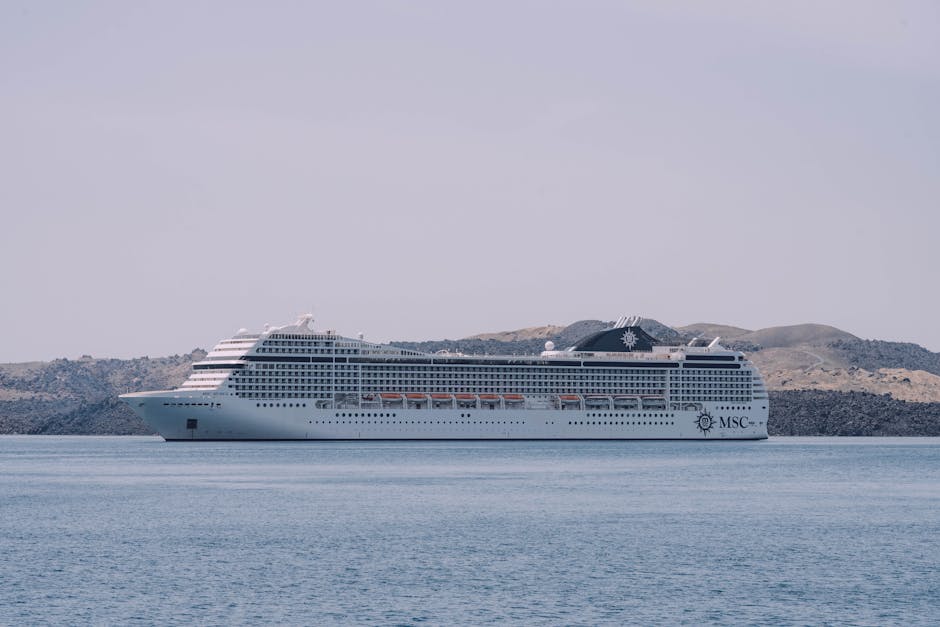 White MSC cruise ship sailing peacefully on the sea against a scenic coastline backdrop.