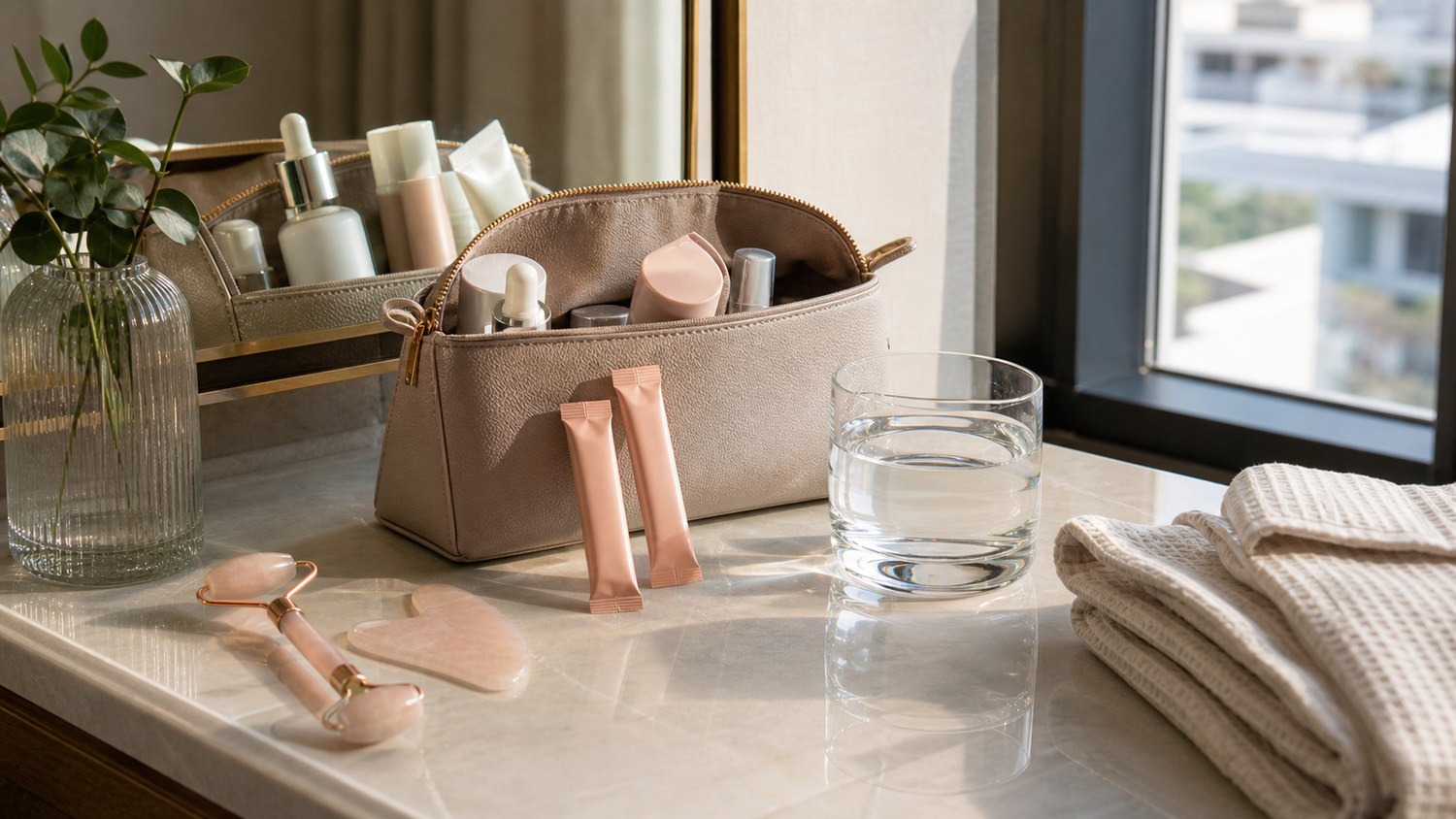 Travel beauty essentials arranged on a hotel vanity