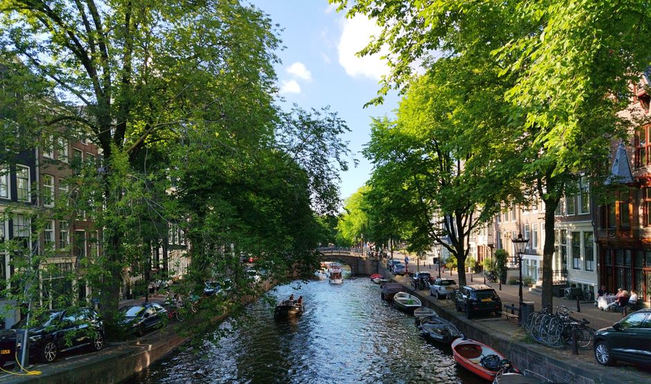 Vibrant summer view of an Amsterdam canal with boats and lush greenery.