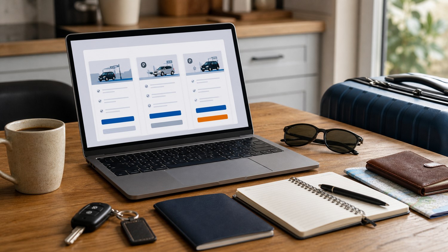 Airport parking booking preparation on a kitchen table