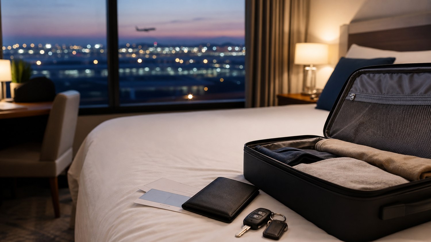 Suitcase packed in an airport hotel room before an early flight