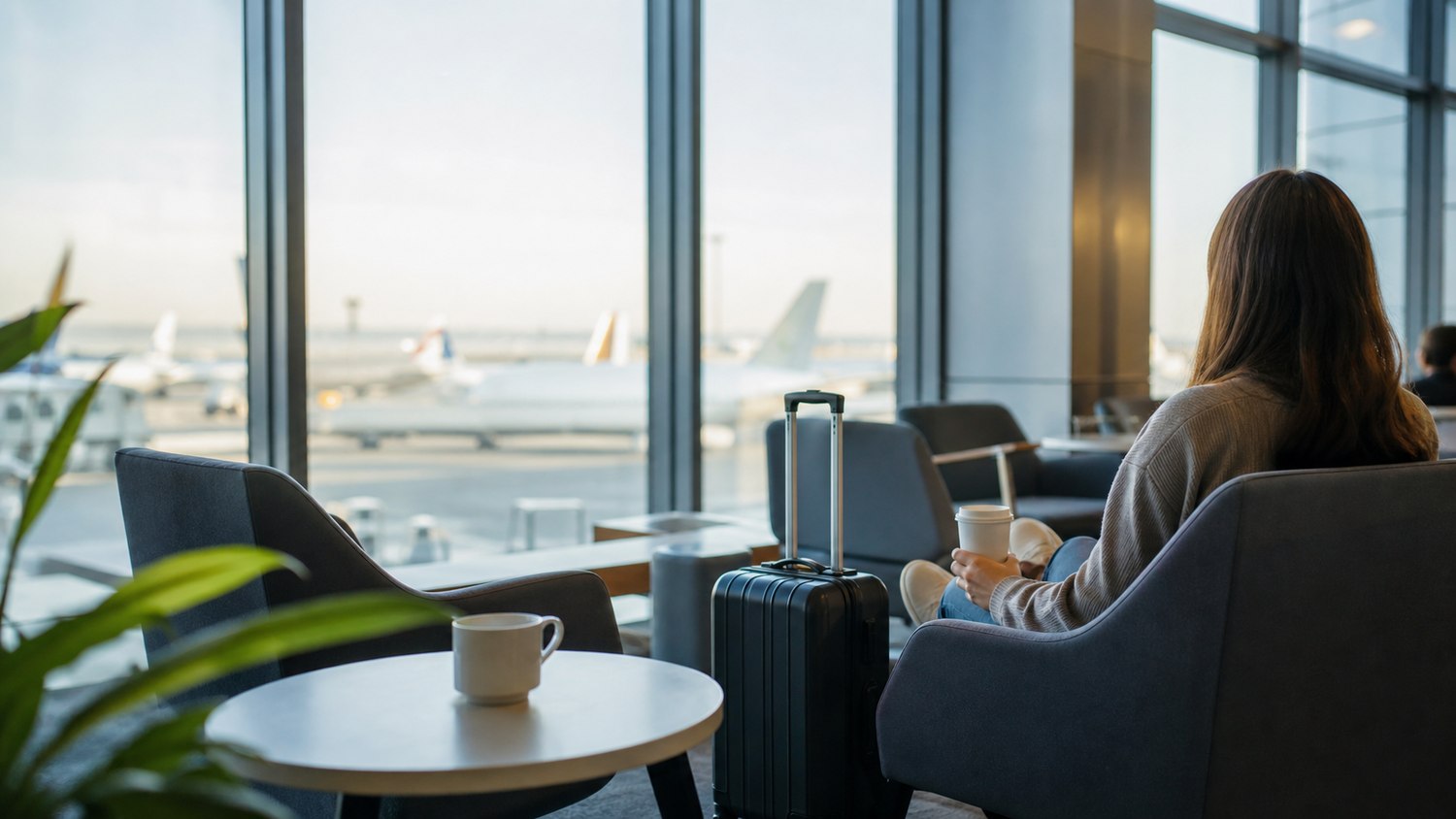 Traveller waiting with coffee and luggage in an airport lounge
