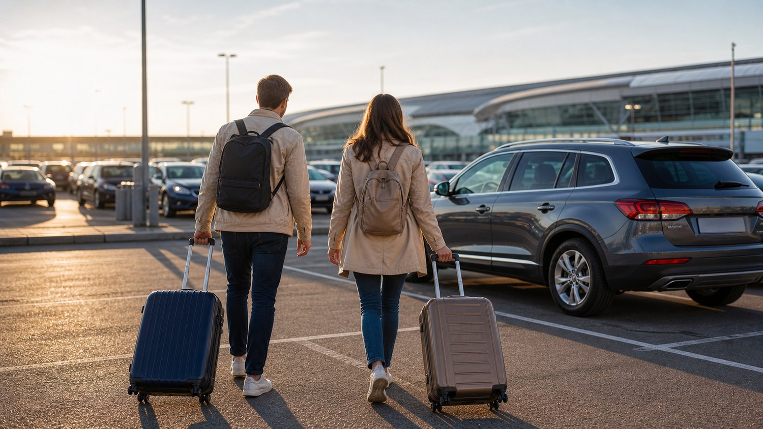 Travellers returning to their car after a flight