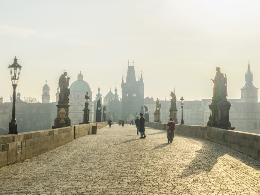 Quiet morning on Charles Bridge in Prague