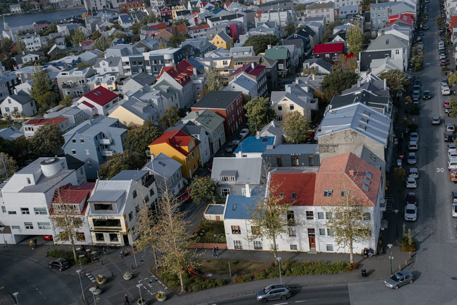 Colorful rooftops in a residential neighborhood in Reykjavik, Iceland.