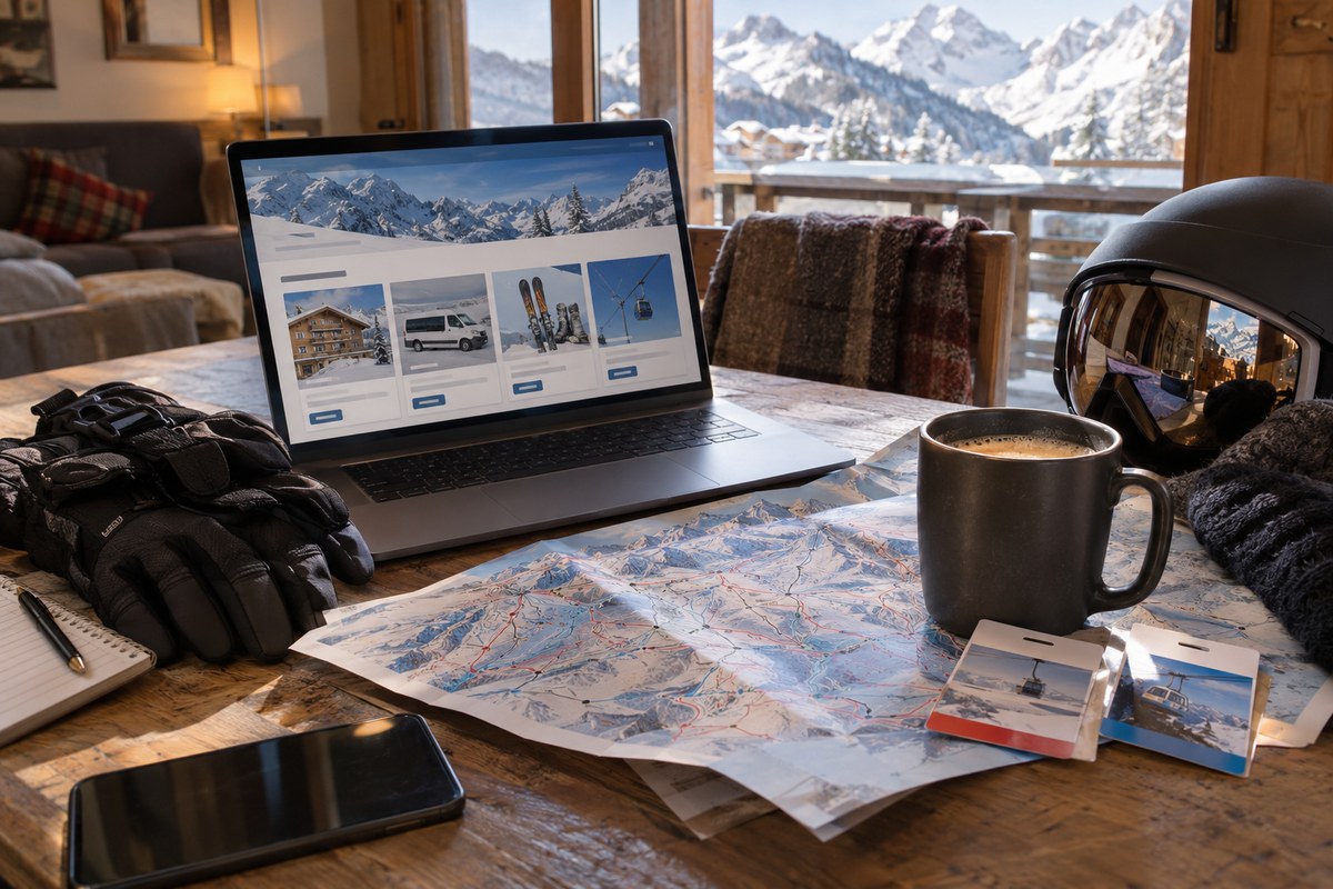 Laptop resort comparison with ski map and winter gear on a chalet table