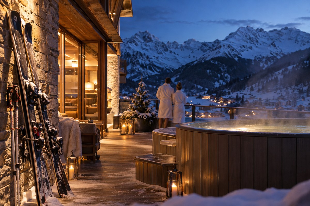 Apres ski terrace with hot tub skis and snowy Alpine mountains